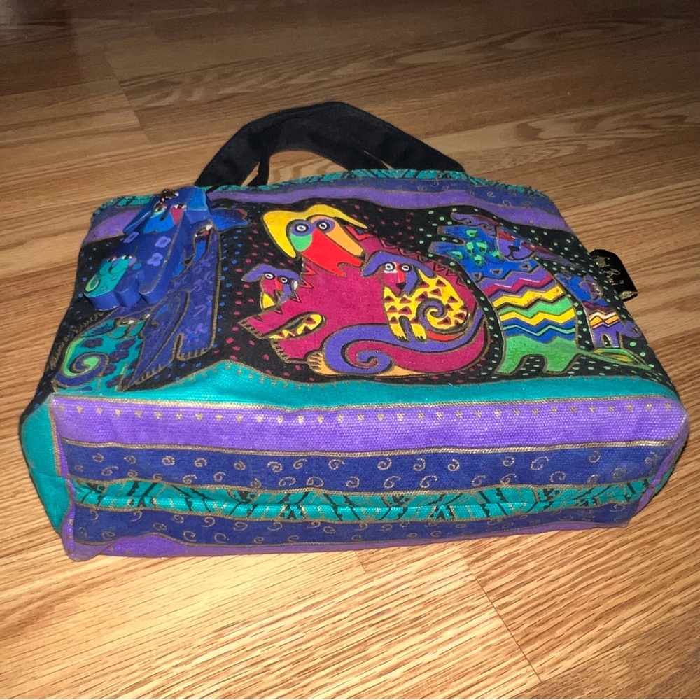 Laurel Burch printed Canvas Plastic Lined Puppies Black Bag - Picture 6 of 10